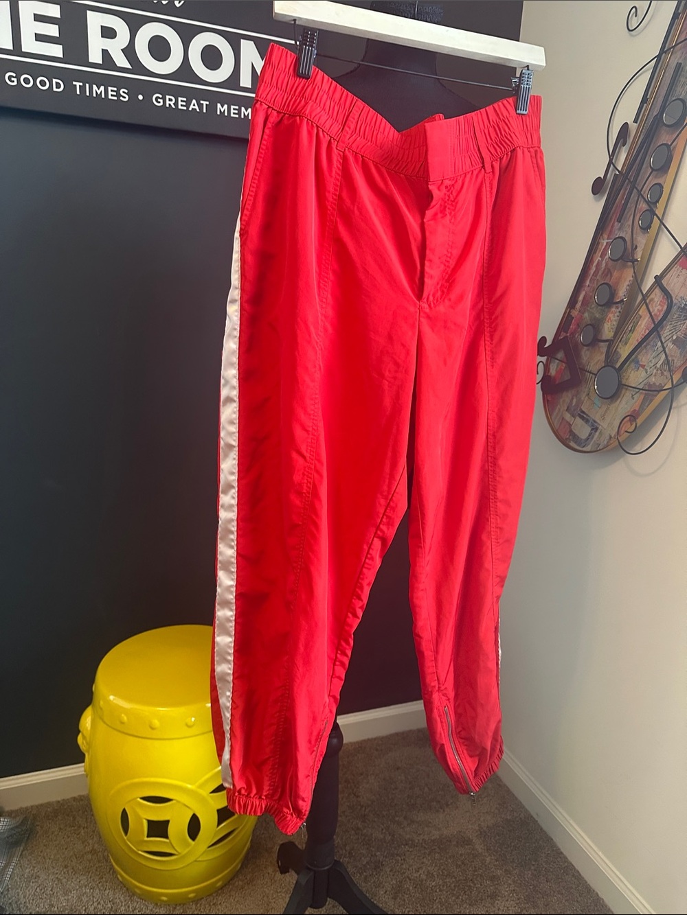 Future Collective: Women's Red Track Joggers with White Side Stripe